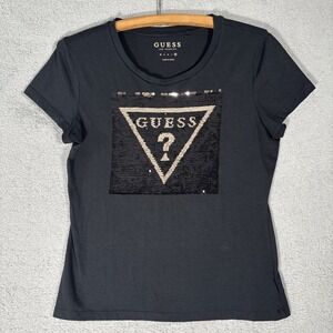 Guess Los Angeles Women Fitted XL Black Sequin Triangle Logo Graphic T-Shirt y2k